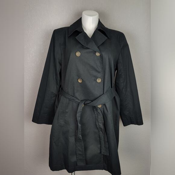J.Crew Factory Black Double-Breasted Trench Cotton Coat BO622 Belted Classic 18 - Picture 2 of 14